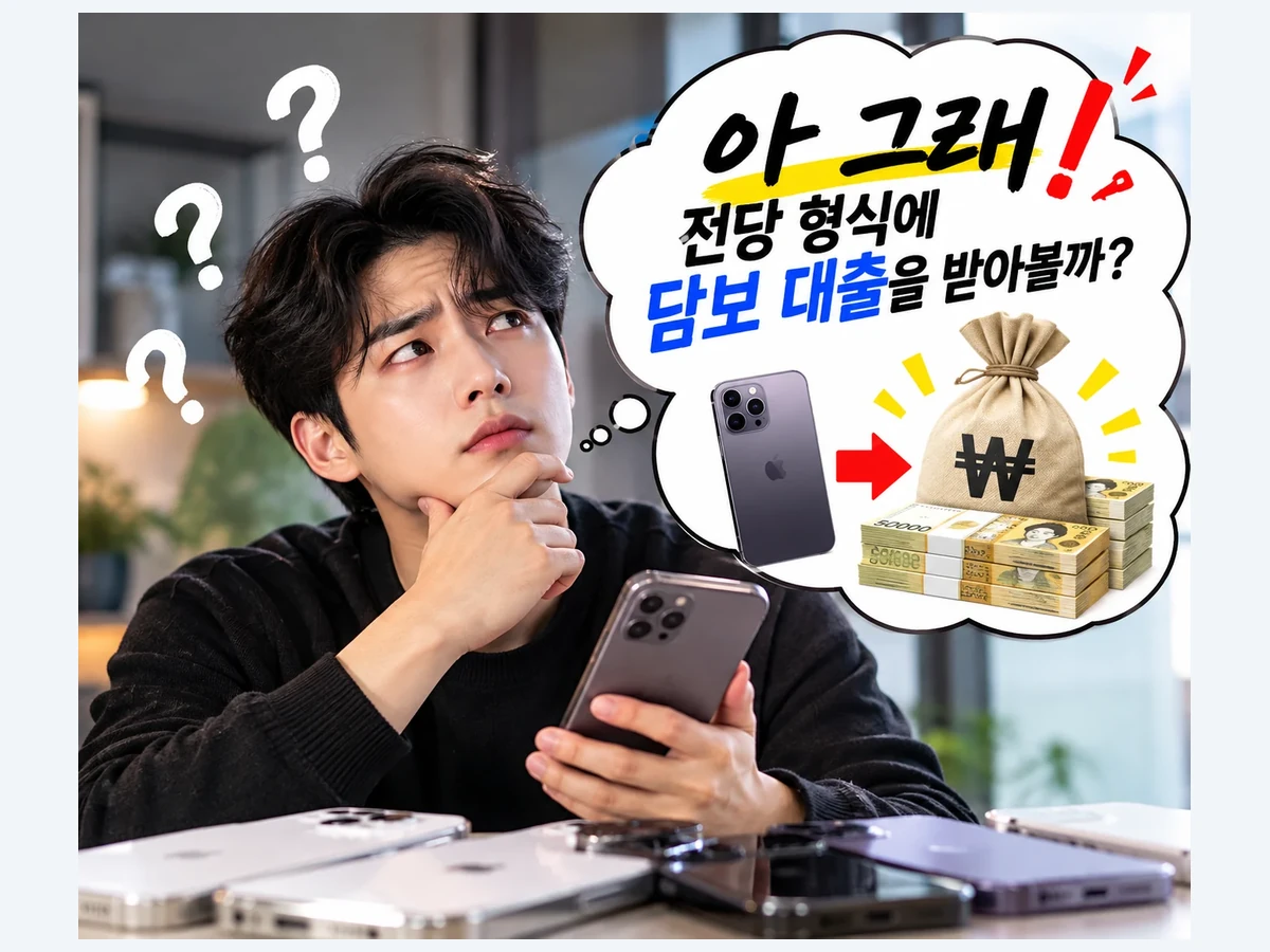 스마트폰을 손에 들고 전당 형식의 휴대폰 담보대출을 고민하는 남성의 모습