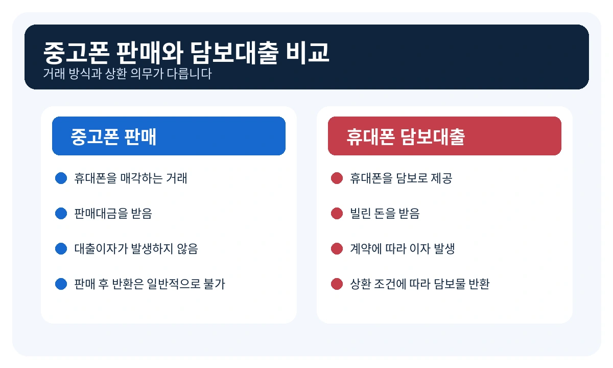 중고폰 판매와 휴대폰 담보대출의 거래 방식과 상환 의무 비교 이미지
